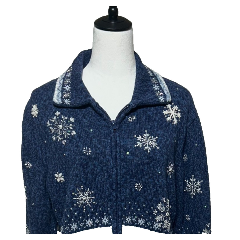 Vintage Tiara Cardigan Medium Blue Embellished Snowflake Christmas Zip‎ Sweater